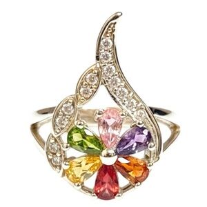 18K Gold Filled Mardi Gras Carnival Multicolor AAA CZ Teardrop Cocktail Ring~New